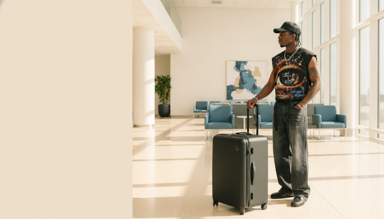 A man stands next to a dark, sleek AERION luggage bag in a modern airport lounge, with soft lighting and an uncluttered left 