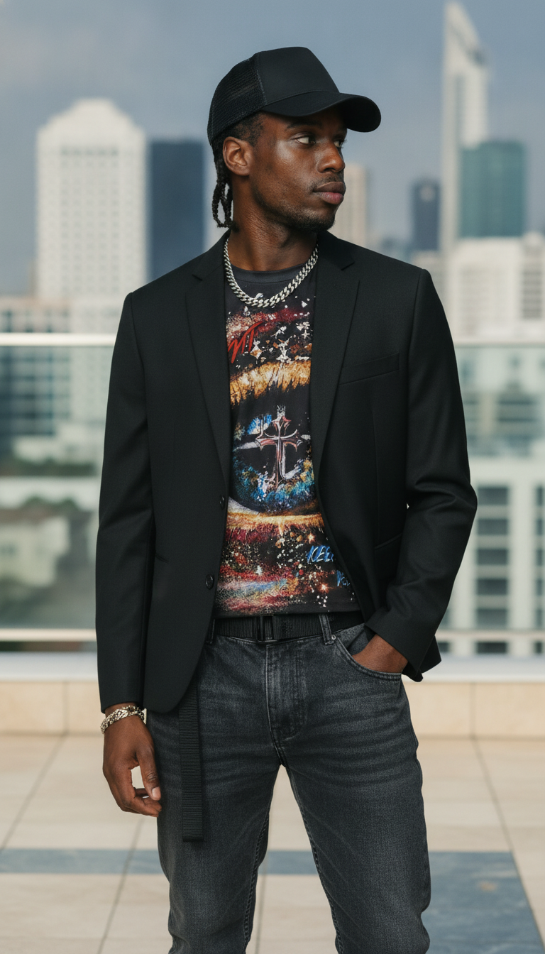 A confident man wearing a charcoal black AERION jacket stands centered in an urban setting with a blurred background.