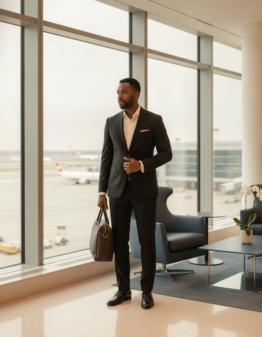 A man in a charcoal black suit stands in a modern airport lounge, holding a leather travel bag, looking out at a runway.