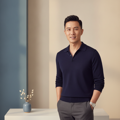 Portrait of David Chen, an Asian man in his 30s, smiling confidently while wearing a charcoal grey shirt against a cream back