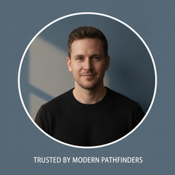 Portrait of male influencer Oliver Vance, smiling confidently against a slate blue background.