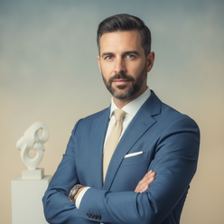 Portrait of Liam Rossi, a male architect, looking thoughtfully at the viewer against a softly lit background.