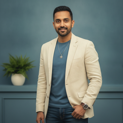 Portrait of Samir Gupta, a man with a confident and approachable expression, against a clean slate blue background.