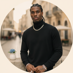 Circular portrait of Nico Meyer, a man with a confident, approachable expression, in a modern, stylish outfit, against a subt