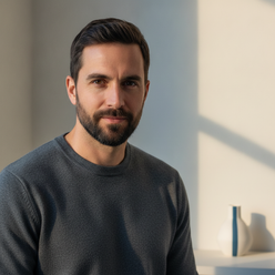 Portrait of Chris Walker, a man with short dark hair and a beard, wearing a charcoal grey sweater. He looks confidently at th